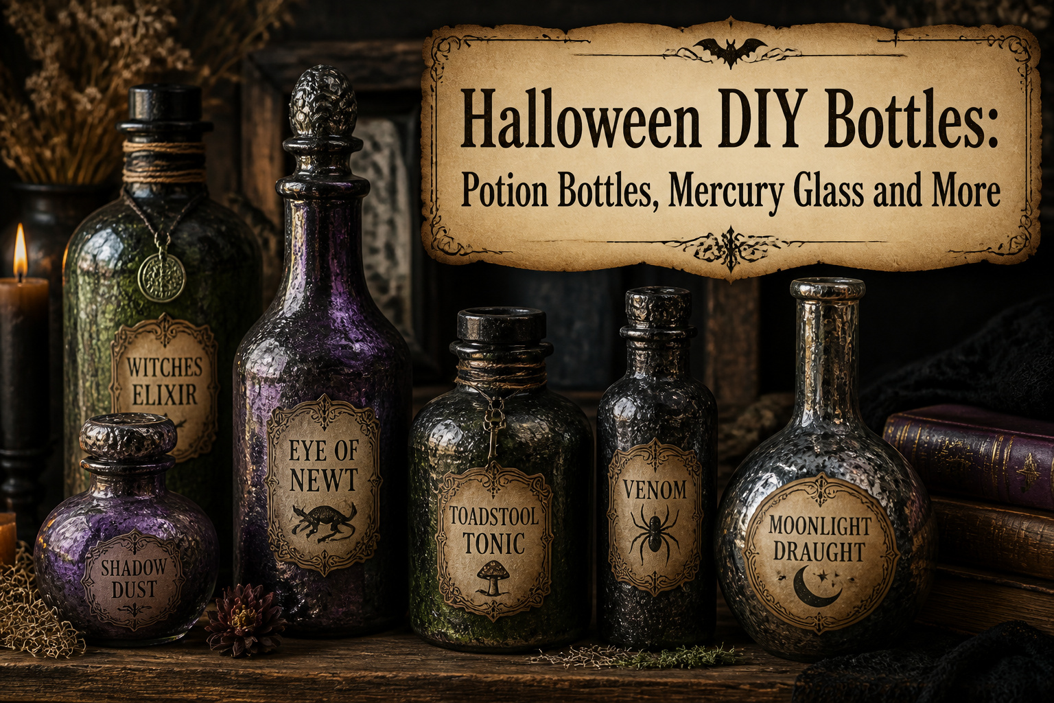 Various Halloween potion bottles in different styles and textures.