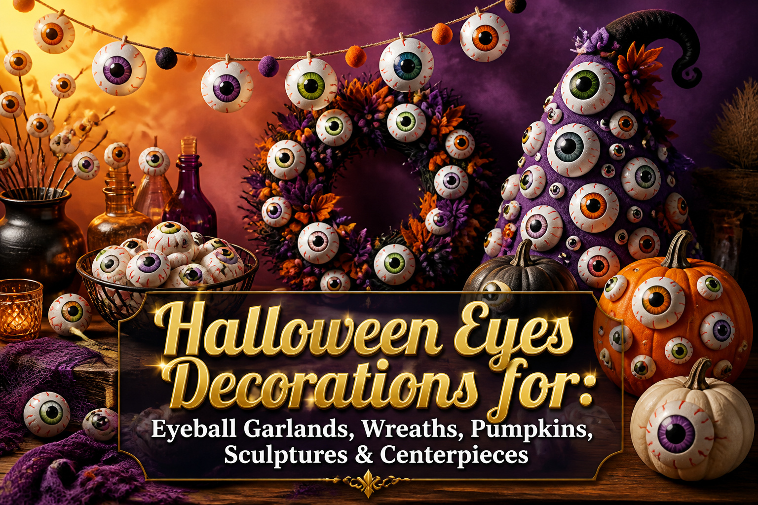 Various Halloween eye decorations including garlands, wreaths, and pumpkins.