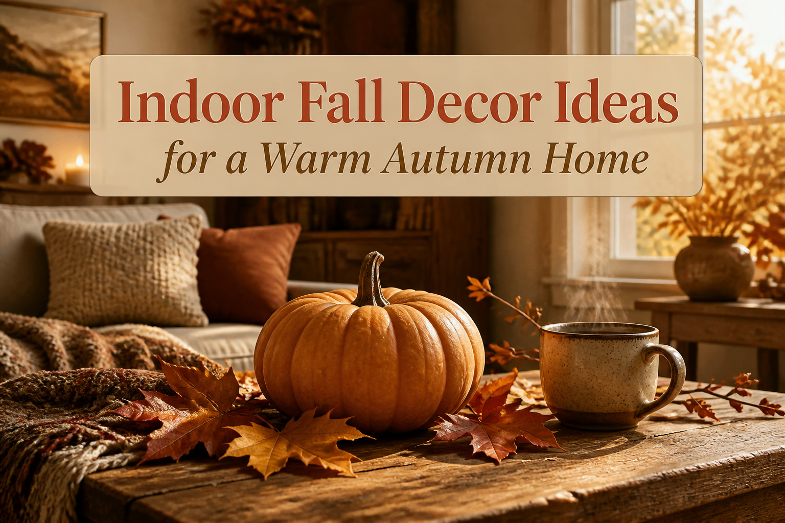 A cozy indoor fall decor setup with pumpkins and warm textiles.