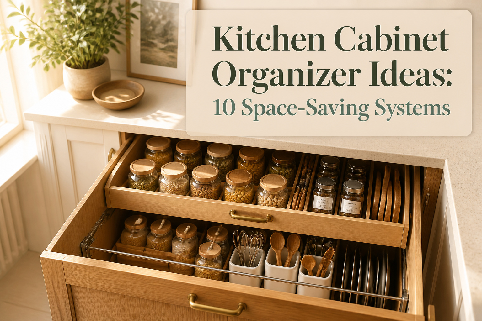 A contemporary kitchen displaying multiple cabinet organizers for better storage.