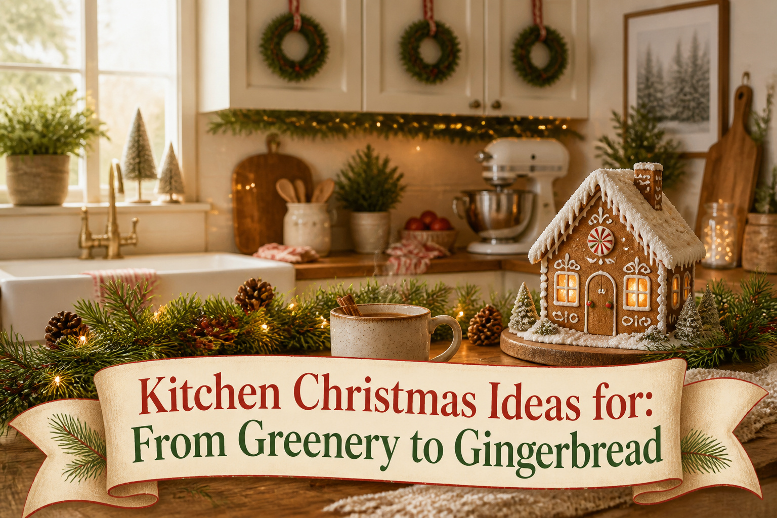 A decorated kitchen with various Christmas items and decorations.