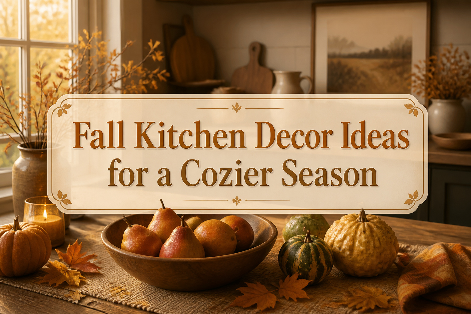 A kitchen decorated for fall with pumpkins, candles, and warm colors.