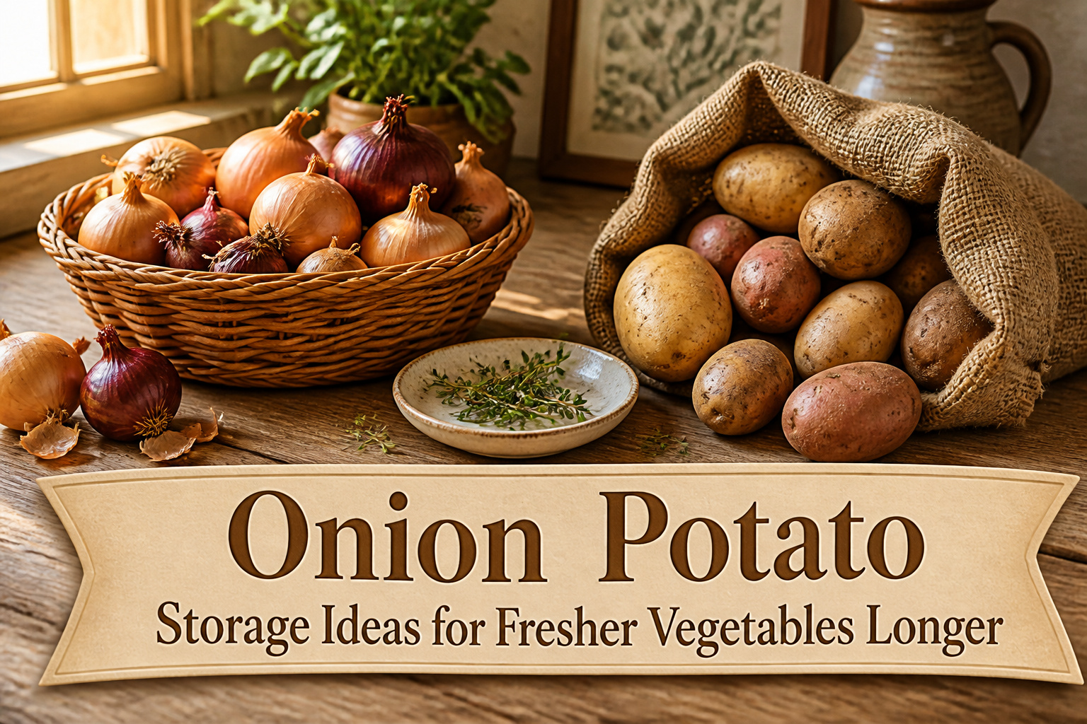 Wire basket filled with fresh onions and potatoes on a wooden shelf.