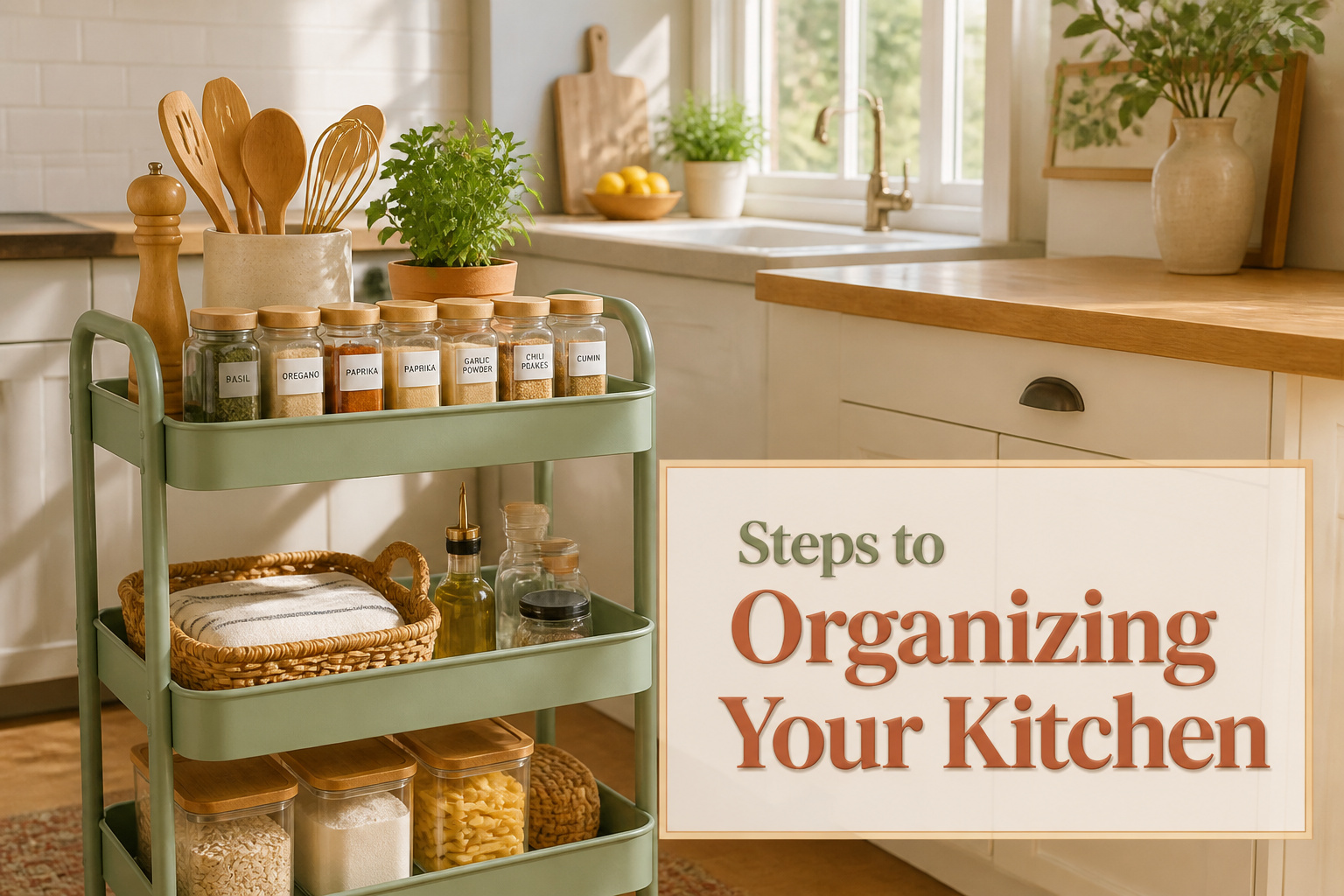 A bright kitchen with organized cabinets and countertops, featuring various kitchen tools.