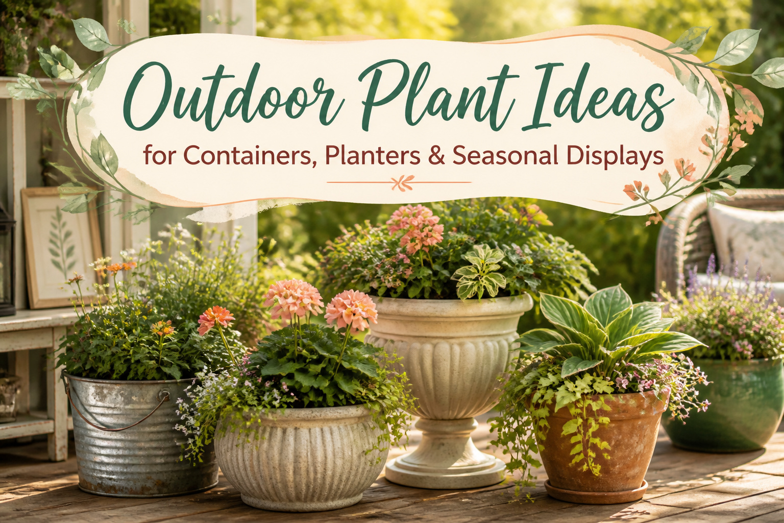 Colorful outdoor plants arranged in various containers on a patio.