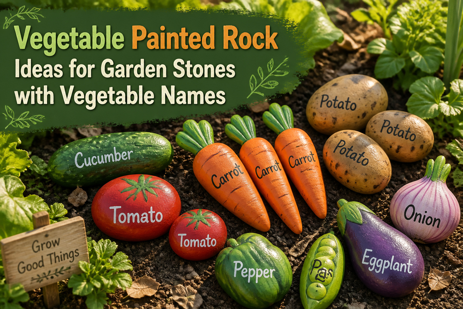 A collection of painted rocks representing various vegetables in a garden setting.