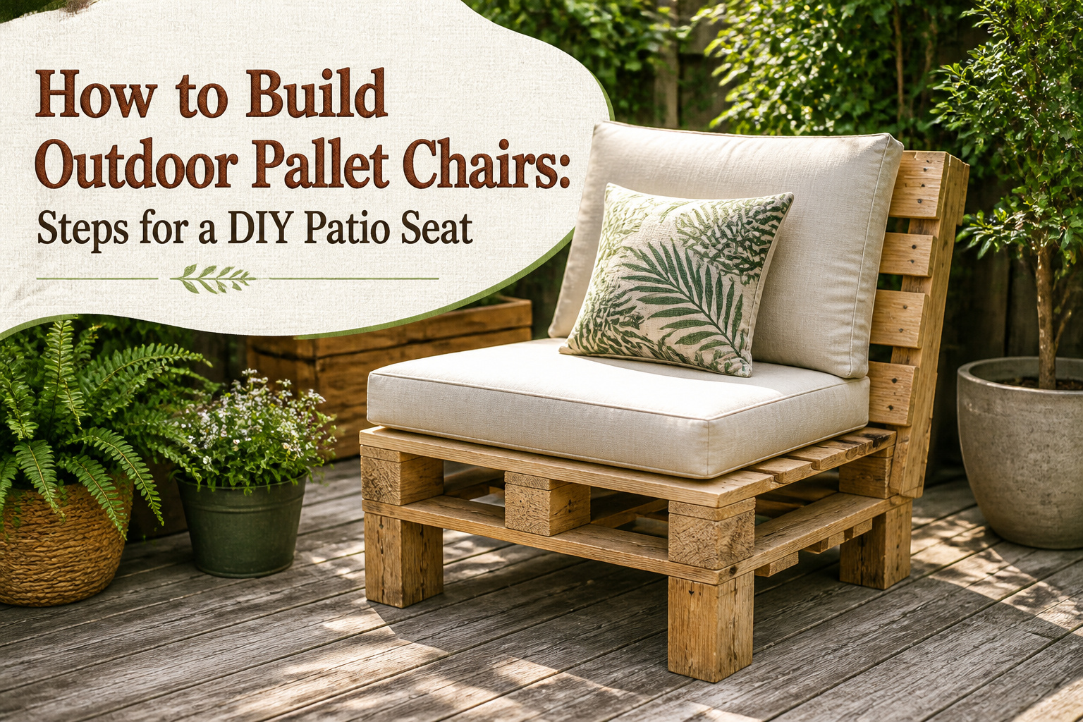A finished pallet chair set on a patio surrounded by plants.
