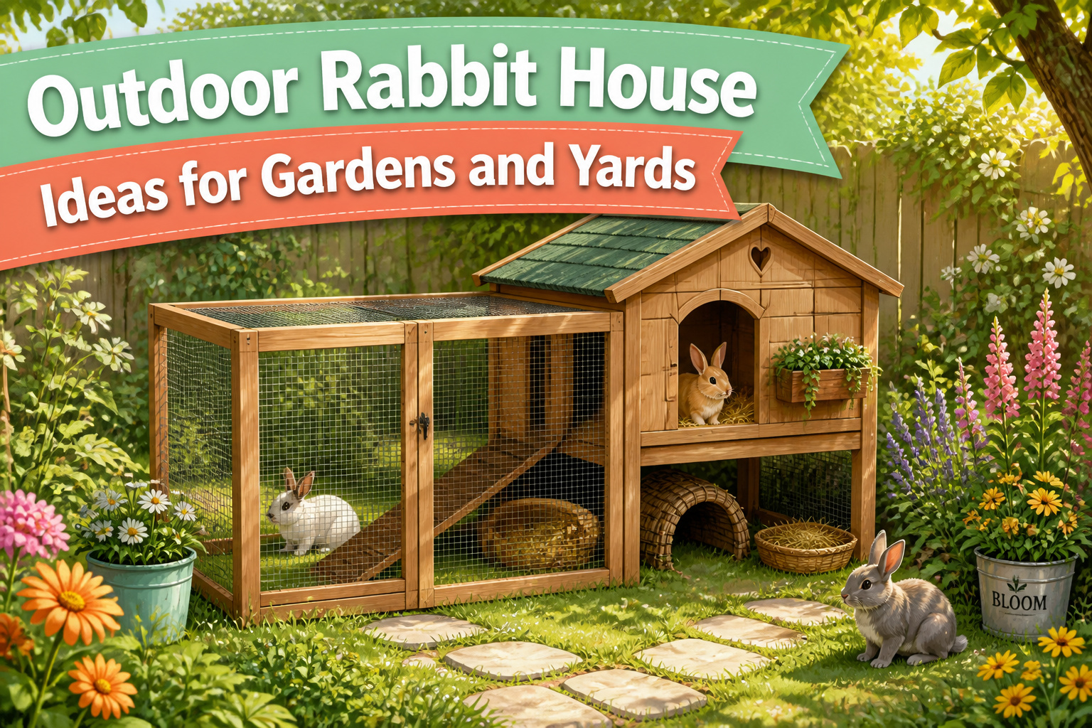 A wooden hutch connected to a wire run for rabbits.