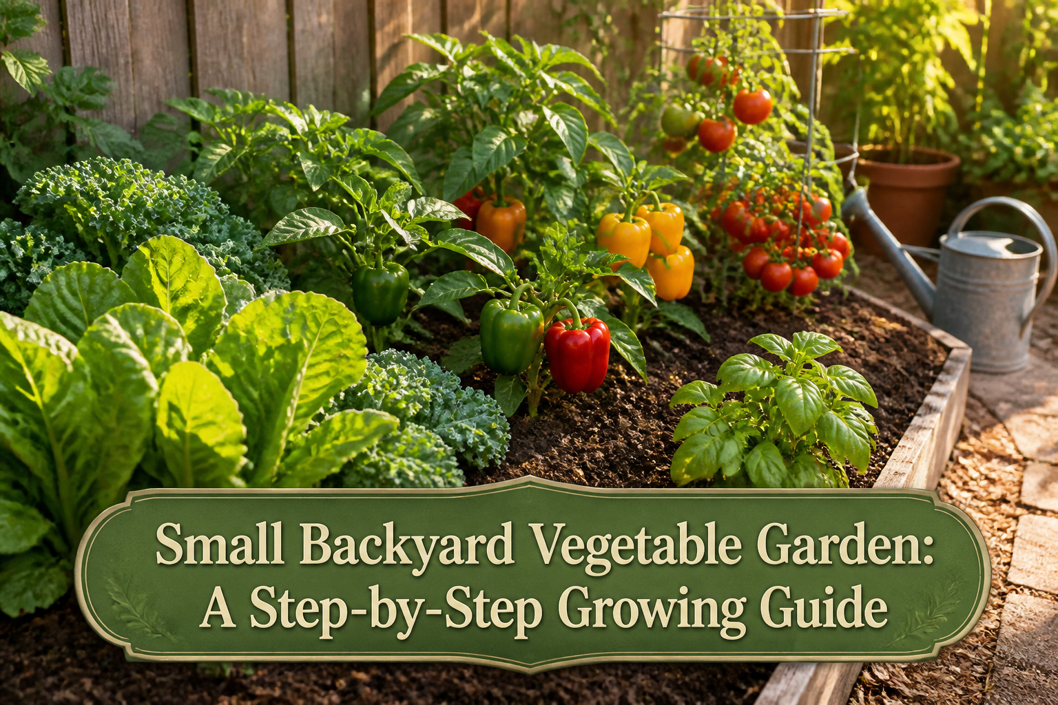 A lush backyard vegetable garden with various plants growing in raised beds.