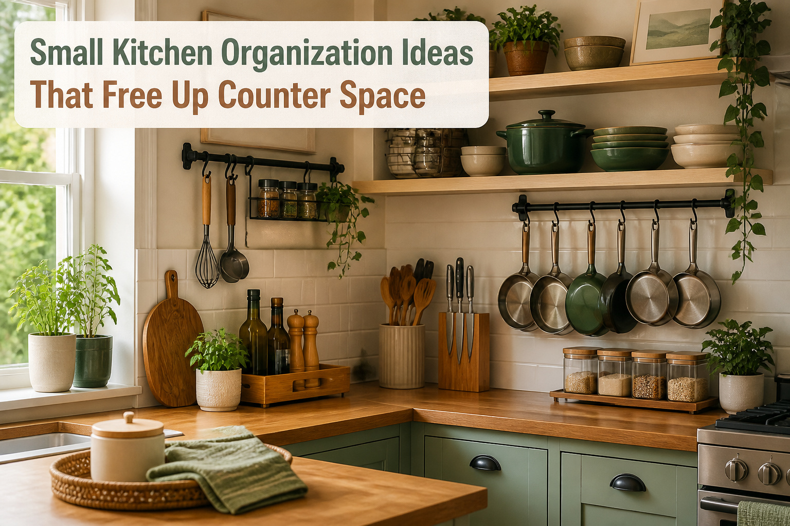A well-organized kitchen with various storage solutions for small spaces.