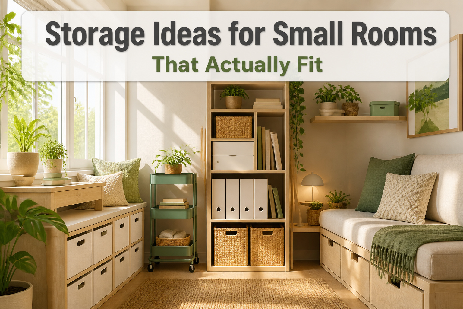 Various storage ideas for small rooms displayed in a bright, organized setting.