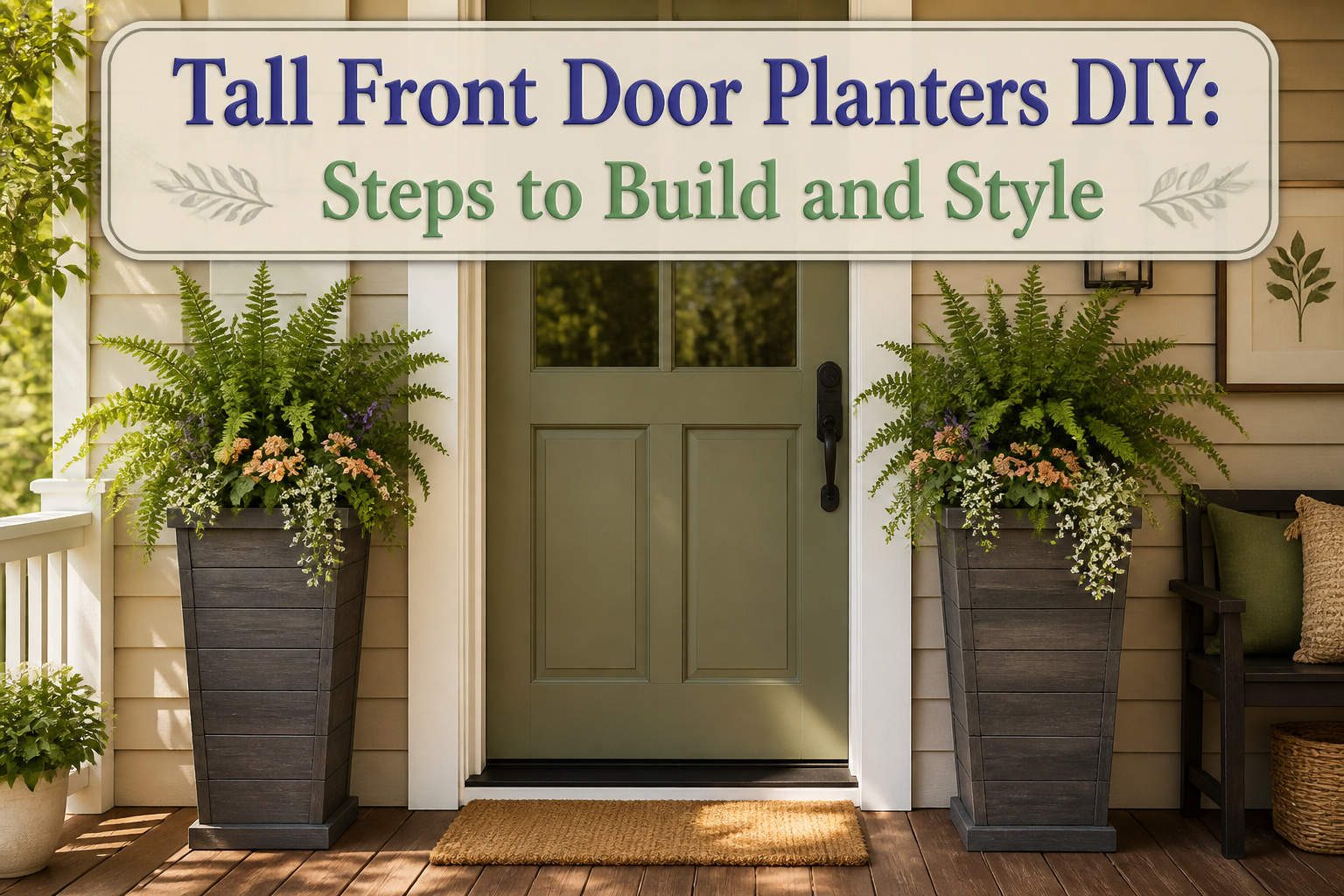 A tall planter with flowers sits at a front door.