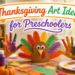 Various Thanksgiving crafts created by preschoolers displayed on a table.