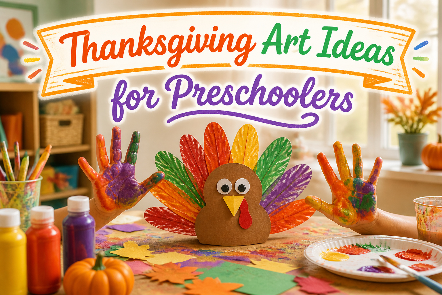 Various Thanksgiving crafts created by preschoolers displayed on a table.