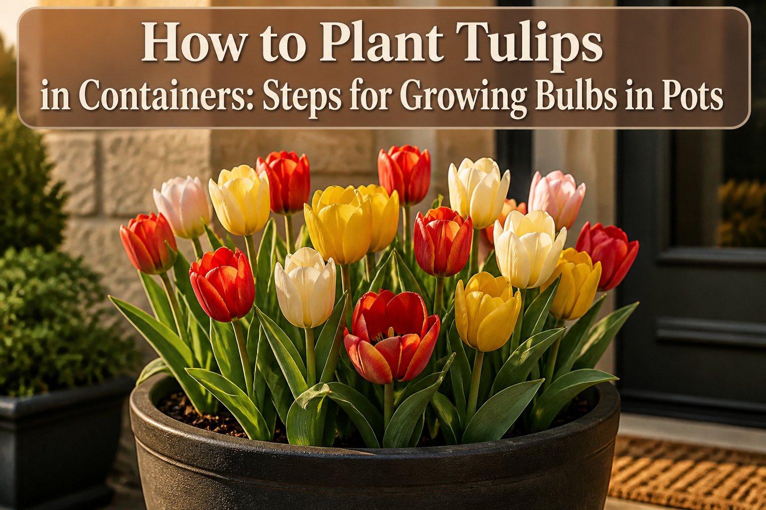 Multiple pots filled with blooming tulips in various colors on a patio.