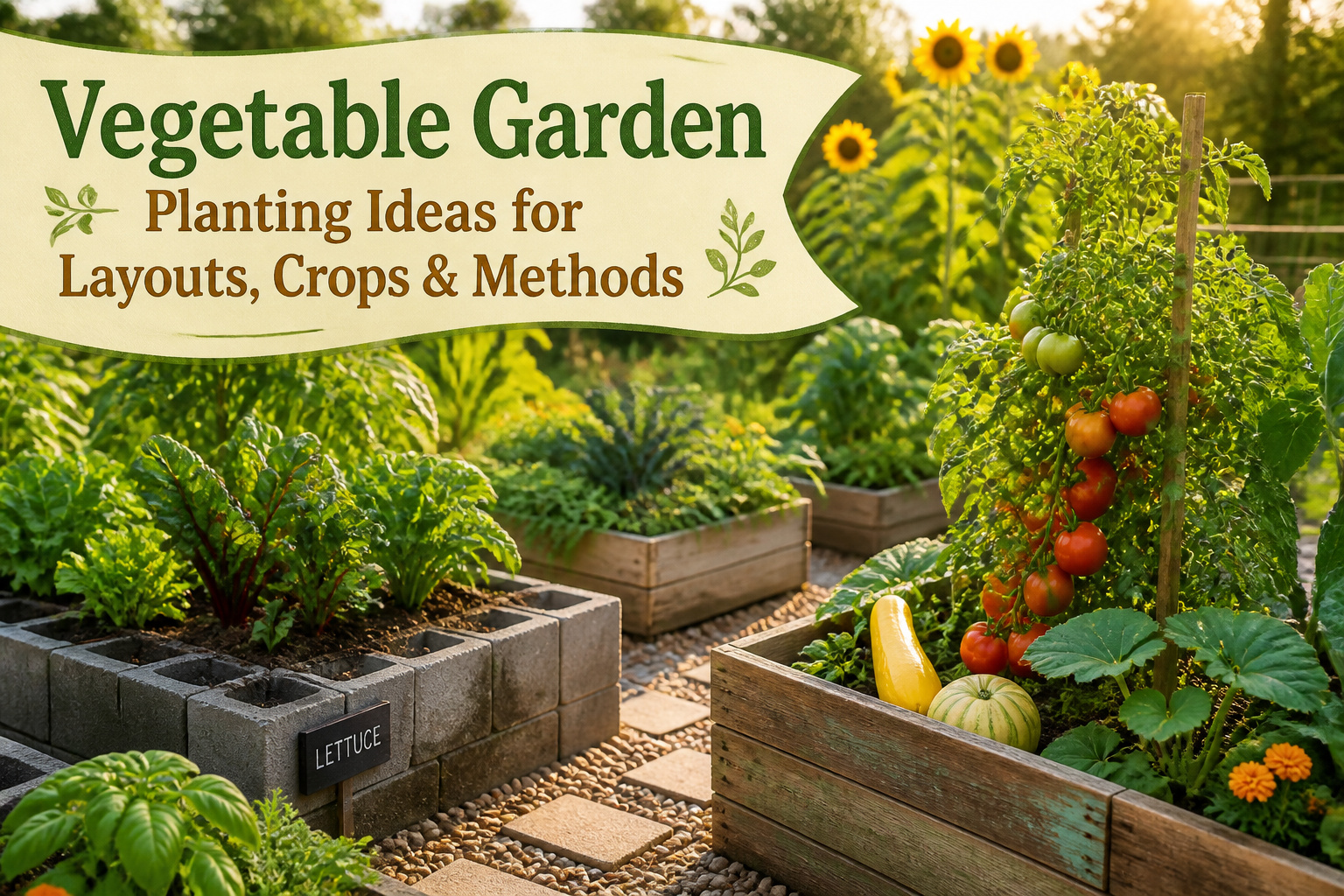 A vegetable garden with raised beds and various plants under soft sunlight.
